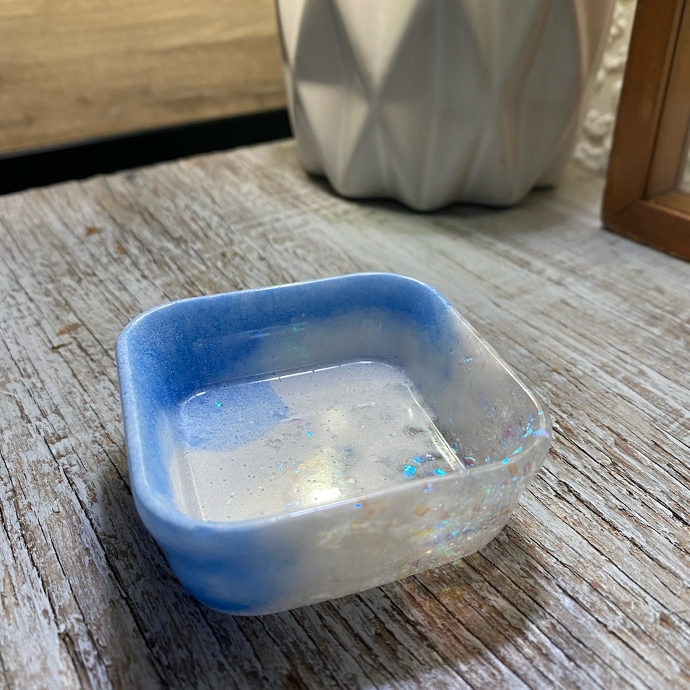 Blue and White Square Tray / Dish - Handmade With Iridescent Rainbow Confetti